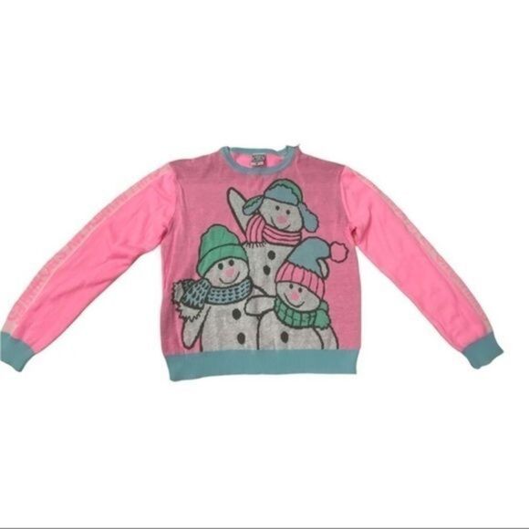 Snowman Ugly Christmas Holiday Sweater Pink (Junior) Chillin with My Snowmies - Picture 3 of 12